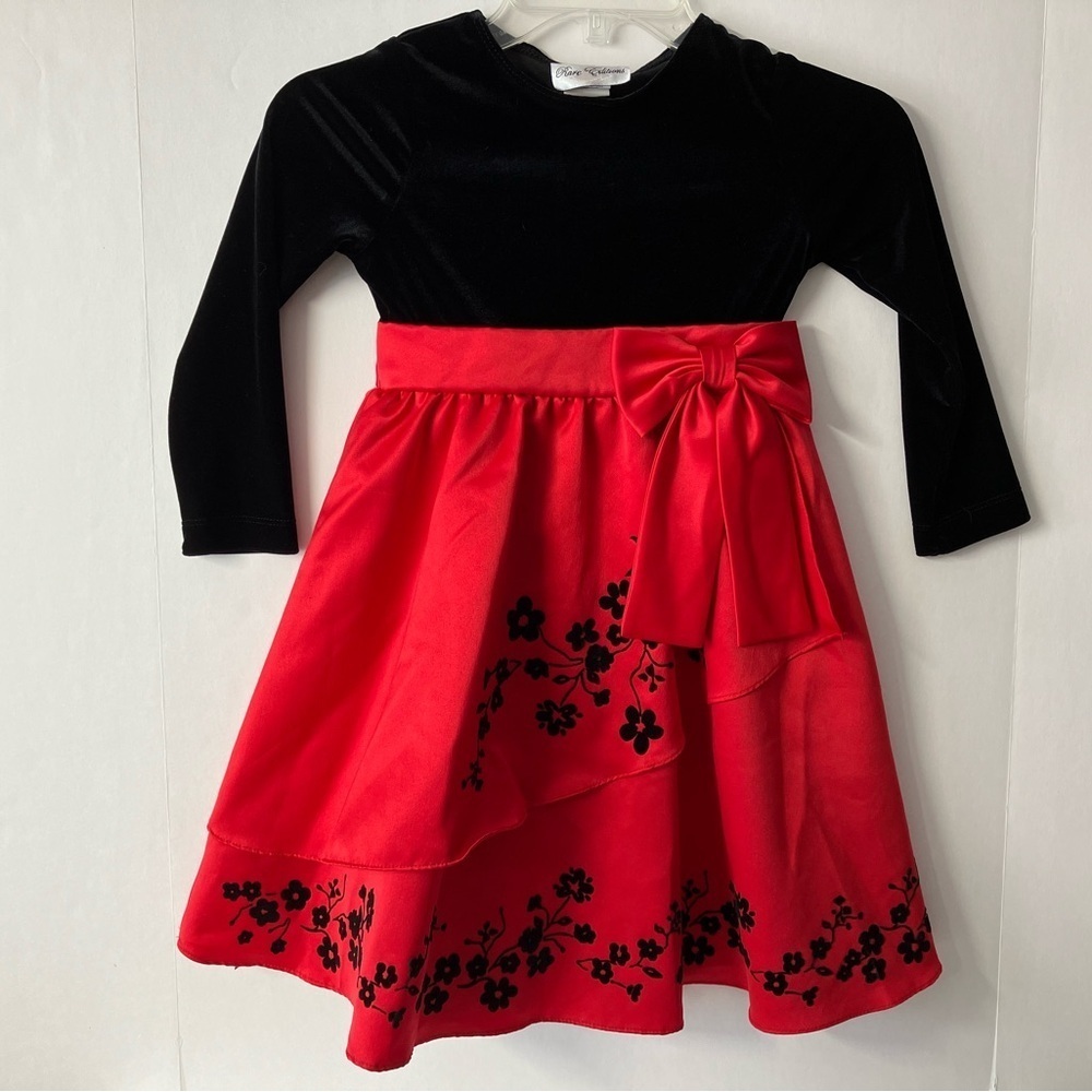 Girl’s Formal/Festive Dress, Sz 5, Red/Black, Velvet/Floral, by Rare Editions